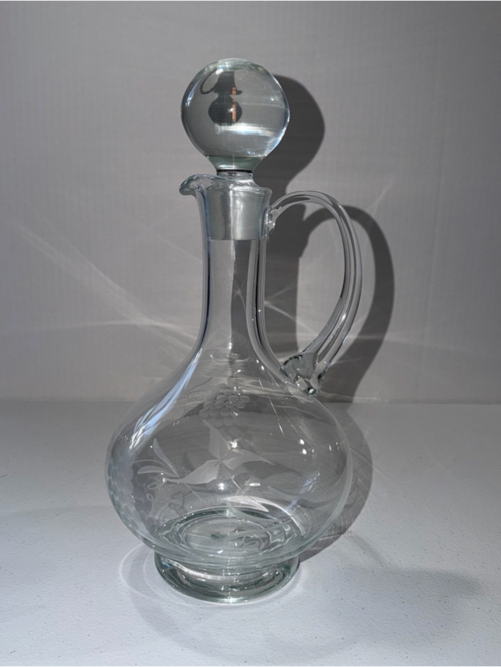 Antique Wine Decanter With Stopper Clear Glass W/ Etched Grape & Floral Design
